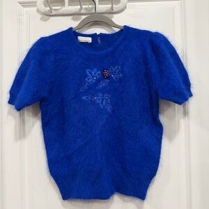 Vintage blue angora-blend knit sweater with beaded embellishments